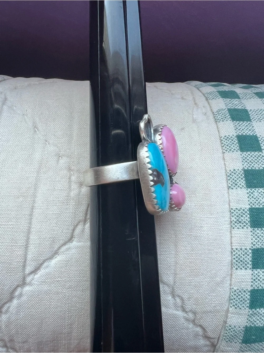 Sterling Southwestern, turquoise and pink conch ring